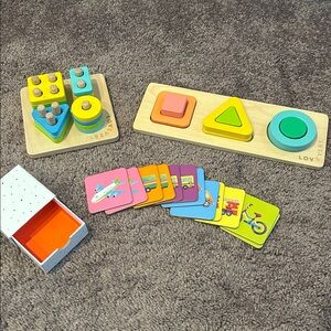 Lovevery Geo Shapes & sort and stack peg puzzles, Things That Move Memory Game
